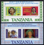 Tanzania 1985 Life & Times of HM Queen Mother perf proof set of 2 m/sheets each with 'Caribbean Royal Visit 1985' opt in gold (unissued) unmounted mint