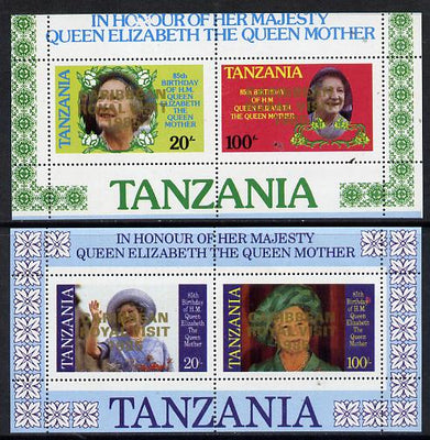 Tanzania 1985 Life & Times of HM Queen Mother perf proof set of 2 m/sheets each with 'Caribbean Royal Visit 1985' opt in gold (unissued) unmounted mint
