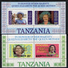 Tanzania 1985 Life & Times of HM Queen Mother perf proof set of 2 m/sheets with 'Caribbean Royal Visit 1985' opt in gold (unissued) additionally opt'd SPECIMEN unmounted mint