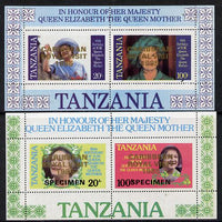 Tanzania 1985 Life & Times of HM Queen Mother perf proof set of 2 m/sheets with 'Caribbean Royal Visit 1985' opt in gold (unissued) additionally opt'd SPECIMEN unmounted mint