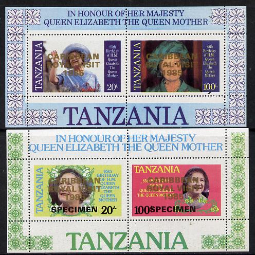 Tanzania 1985 Life & Times of HM Queen Mother perf proof set of 2 m/sheets with 'Caribbean Royal Visit 1985' opt in gold (unissued) additionally opt'd SPECIMEN unmounted mint