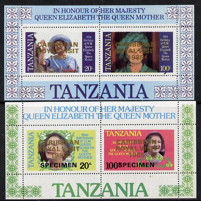 Tanzania 1985 Life & Times of HM Queen Mother perf proof set of 2 m/sheets with 'Caribbean Royal Visit 1985' opt in gold (unissued) additionally opt'd SPECIMEN unmounted mint