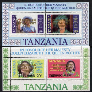 Tanzania 1985 Life & Times of HM Queen Mother perf proof set of 2 m/sheets with 'Caribbean Royal Visit 1985' opt in gold (unissued) additionally opt'd SPECIMEN unmounted mint