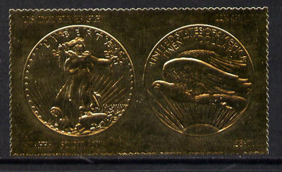 Staffa 1980 US Coins (1907 Double Eagle $20 coin both sides) on £8 perf label embossed in 22 carat gold foil (Rosen 903a) unmounted mint