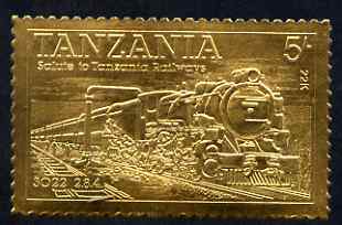 Tanzania 1985 Railways 5s (Loco 3022) embossed in 22k gold unmounted mint as SG 430
