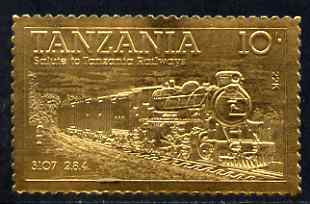 Tanzania 1985 Railways 10s (Loco 3107) embossed in 22k gold unmounted mint as SG 431