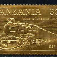 Tanzania 1985 Railways 30s (Loco 3129) embossed in 22k gold unmounted mint as SG 433