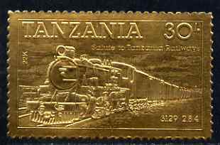 Tanzania 1985 Railways 30s (Loco 3129) embossed in 22k gold unmounted mint as SG 433