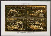 Tanzania 1985 Railways perf m/sheet embossed in 22k gold unmounted mint as SG MS 434