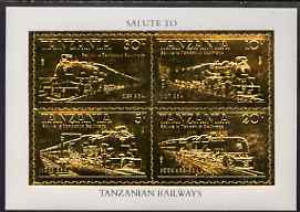 Tanzania 1985 Railways perf m/sheet embossed in 22k gold unmounted mint as SG MS 434