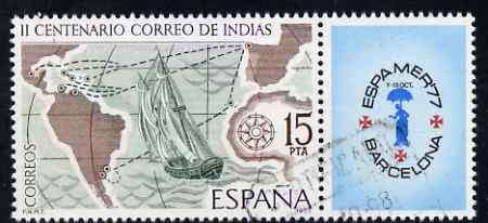 Spain 1977 Mail to the Indies & Stamp Exhibition 15pt se-tenant with label commercially used, SG 2486