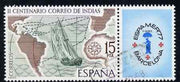 Spain 1977 Mail to the Indies & Stamp Exhibition 15pt se-tenant with label commercially used, SG 2486