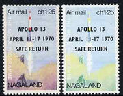 Nagaland 1970 Safe Return of Apollo 13 opt on 1c25 perf Moon Programme with red omitted plus normal, both unmounted mint