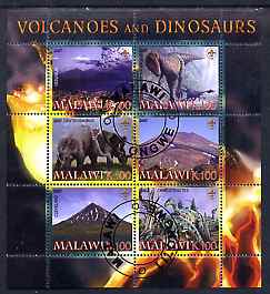 Malawi 2007 Volcanoes & Dinosaurs #1 perf sheetlet containing 6 values each with Scout Logo fine cto used