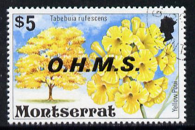 Montserrat 1976 Official $5 Yellow Poui Tree def opt'd OHMS with wmk sideways inverted (SG O15Ei) superb cds used*