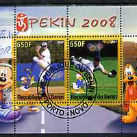 Benin 2007 Beijing Olympic Games #09 - Baseball (3) perf s/sheet containing 2 values (Disney characters in background) fine cto used