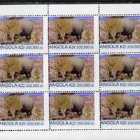 Angola 1999 Rhino 200,000k from Flora & Fauna def set complete perf sheet of 9 each opt'd in gold with France 99 Imprint with Chess Piece and inscribed Hobby Day, unmounted mint. Note this item is privately produced and is offered……Details Below