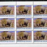 Angola 1999 Rhino 200,000k from Flora & Fauna def set complete perf sheet of 9 each opt'd in gold with France 99 Imprint with Chess Piece and inscribed Hobby Day, unmounted mint. Note this item is privately produced and is offered……Details Below