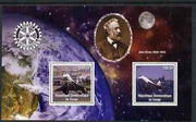Congo 2004 Concorde perf sheetlet containing 2 values with Rotary Logo in background with Jules Verne and view of Earth from space, unmounted mint