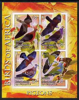 Palestine (PNA) 2005 Birds of Africa - Pigeons imperf sheetlet containing 4 values each with Scout Logo unmounted mint. Note this item is privately produced and is offered purely on its thematic appeal