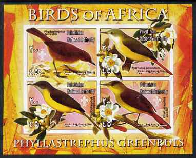 Palestine (PNA) 2005 Birds of Africa - Greenbuls imperf sheetlet containing 4 values each with Scout Logo unmounted mint. Note this item is privately produced and is offered purely on its thematic appeal