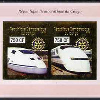 Congo 2003 High Speed Trains imperf sheetlet containing 2 x 750 CF values with embossed gold background & Rotary Logo, unmounted mint