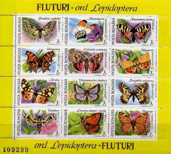 Rumania 1991 Butterflies #2 sheetlet containing 12 values Mi BL 268