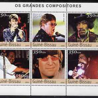 Guinea - Bissau 2003 Pop Music Song Writers perf sheetlet containing 6 values (Bowie, E John, Hendrix, Fats D, J Lennon & Barry White) unmounted mint Mi 2332-37