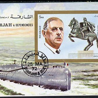Sharjah 1972 Charles de Gaulle imperf m/sheet (with Statue of Joan of Arc & Le Redoutable Submarine) cto used Mi BL 95