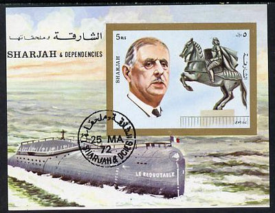 Sharjah 1972 Charles de Gaulle imperf m/sheet (with Statue of Joan of Arc & Le Redoutable Submarine) cto used Mi BL 95