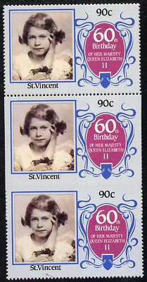 St Vincent 1986 Queen's 60th Birthday 90c unmounted mint strip of 3, centre stamp imperf on 3 sides due to comb jump SG 979var (UH £30 retail)