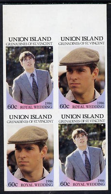 St Vincent - Union Island 1986 Royal Wedding 60c in unmounted mint imperf proof block of 4 (2 se-tenant pairs) without staple holes in margin and therefore not from booklets