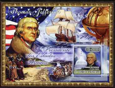 St Thomas & Prince Islands 2007 US Presidents #03 Thomas Jefferson imperf s/sheet containing 1 value unmounted mint