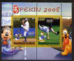 Benin 2007 Beijing Olympic Games #09 - Baseball (3) perf s/sheet containing 2 values (Disney characters in background) unmounted mint