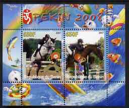 Benin 2007 Beijing Olympic Games #02 - Show Jumping (2) perf s/sheet containing 2 values (Disney characters in background) unmounted mint