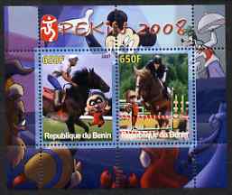 Benin 2007 Beijing Olympic Games #03 - Show Jumping (3) perf s/sheet containing 2 values (Disney characters in background) unmounted mint
