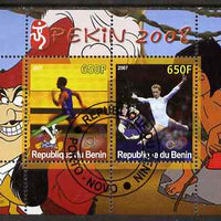 Benin 2007 Beijing Olympic Games #14 - Running & Gymnastics perf s/sheet containing 2 values (Disney characters in background) fine cto used