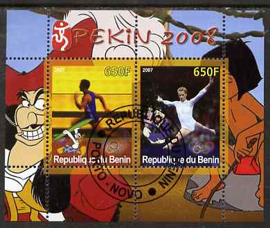 Benin 2007 Beijing Olympic Games #14 - Running & Gymnastics perf s/sheet containing 2 values (Disney characters in background) fine cto used