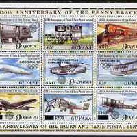 Guyana 1992 Anniversaries opt in black on sheetlet of 9 (150th Anniversary of Penny Black and Thurn & Taxis Postal Anniversary - Mail Planes & Trains) unmounted mint