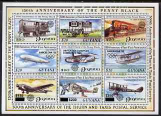 Guyana 1992 Anniversaries opt in black on sheetlet of 9 (150th Anniversary of Penny Black and Thurn & Taxis Postal Anniversary - Mail Planes & Trains) unmounted mint