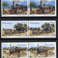 Namibia 2006 Railway Centenary perf set of 3 in pairs overprinted SPECIMEN (opt goes across 2 stamps) unmounted mint