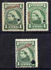 Newfoundland 1897 400th Anniversary Queen Victoria 1c green selection of 3 each with a security punch hole and different SPECIMEN opts, ex ABN archives - only 100 believed to have been produced, unmounted mint and superbly fresh as SG 85 x 3