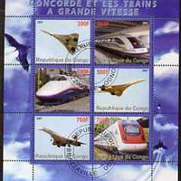Congo 2007 Railways & Concorde perf sheetlet containing 6 values fine cto used