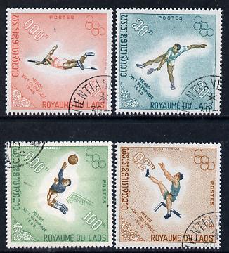 Laos 1968 Mexico Olympics perf set of 4 cto used (Hurdling, Tennis, Football, High-Jump) SG 252-55