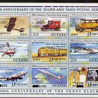 Guyana 1992 Anniversaries opt in black (Albertville Olympics) on sheetlet of 9 (150th Anniversary of Penny Black and Thurn & Taxis Postal Anniversary - Mail Transport) unmounted mint