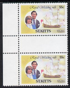 St Kitts 1981 Royal Wedding 55c (Royal Yacht Saudadoes) in unmounted mint inter-paneau gutter pair from uncut sheets, SG 82var scarce thus