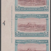 Uruguay 1909 Cruiser in Port Montevideo 5c imperf imprint colour trial proof strip of 3 in red-brown & blue on enamelled card, as SG 283
