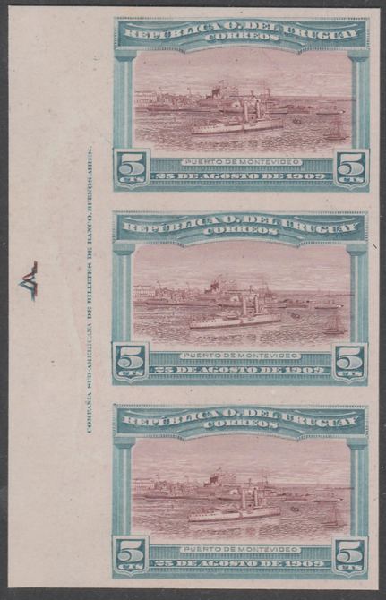 Uruguay 1909 Cruiser in Port Montevideo 5c imperf imprint colour trial proof strip of 3 in red-brown & blue on enamelled card, as SG 283