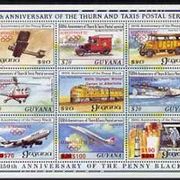 Guyana 1992 Anniversaries scarce opt in red (Albertville Olympics) on sheetlet of 9 (150th Anniversary of Penny Black and Thurn & Taxis Postal Anniversary - Mail Transport) unmounted mint