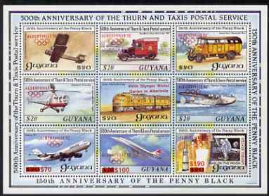 Guyana 1992 Anniversaries scarce opt in red (Albertville Olympics) on sheetlet of 9 (150th Anniversary of Penny Black and Thurn & Taxis Postal Anniversary - Mail Transport) unmounted mint